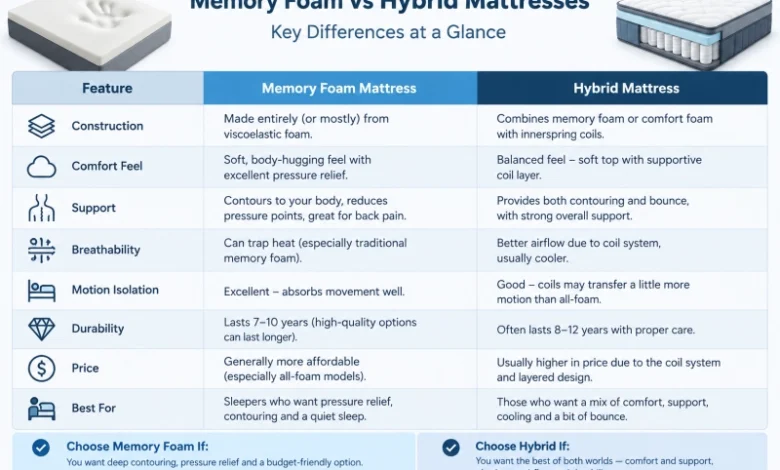 Make a Table Comparing Memory Foam vs Hybrid Mattresses